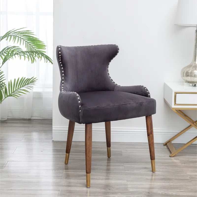 Fauteuil d'appoint en velours gris avec pieds en bois d'hévéa