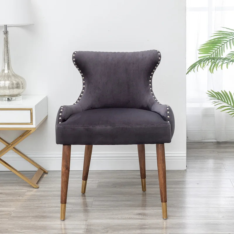 Fauteuil d'appoint en velours gris avec pieds en bois d'hévéa