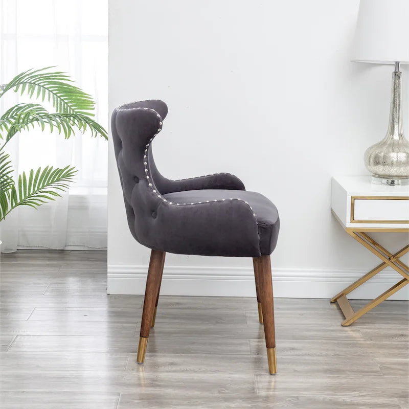 Fauteuil d'appoint en velours gris avec pieds en bois d'hévéa