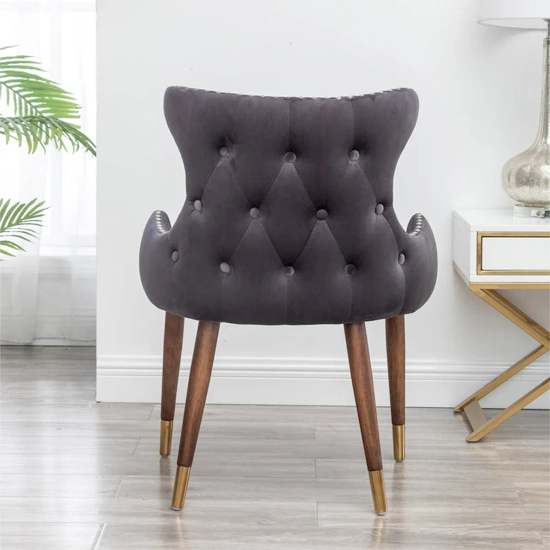 Fauteuil d'appoint en velours gris avec pieds en bois d'hévéa