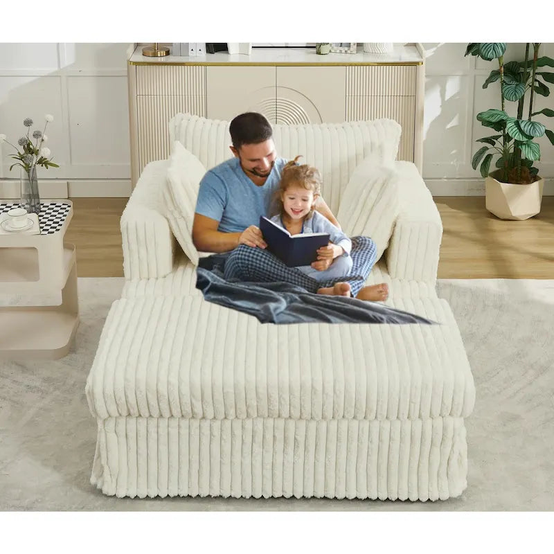 Chaise longue surdimensionnée en velours côtelé beige avec pouf