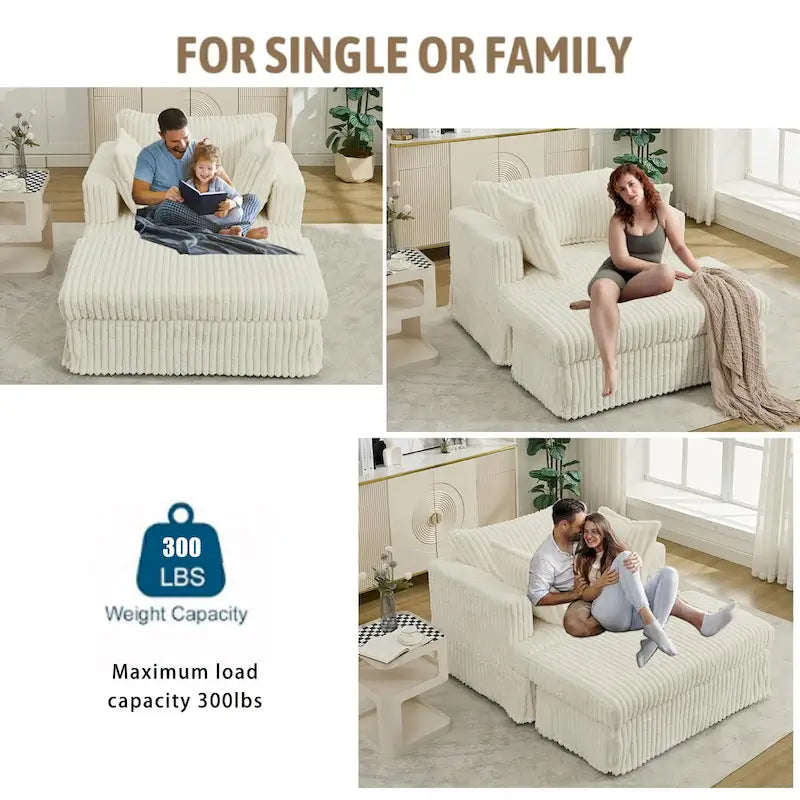 Chaise longue surdimensionnée en velours côtelé beige avec pouf