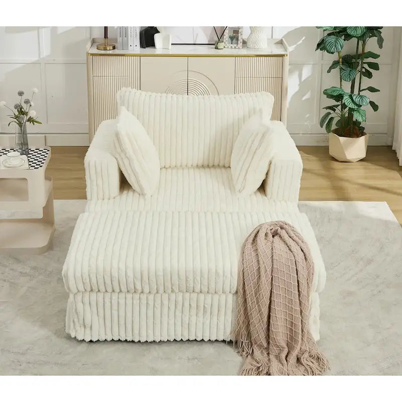 Chaise longue surdimensionnée en velours côtelé beige avec pouf