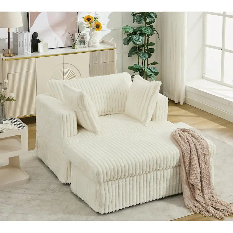 Chaise longue surdimensionnée en velours côtelé beige avec pouf