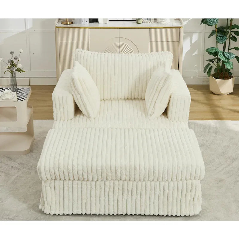 Chaise longue surdimensionnée en velours côtelé beige avec pouf