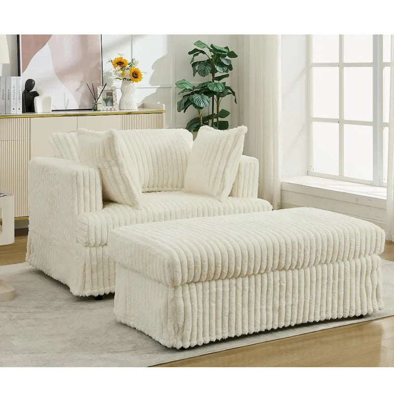 Chaise longue surdimensionnée en velours côtelé beige avec pouf