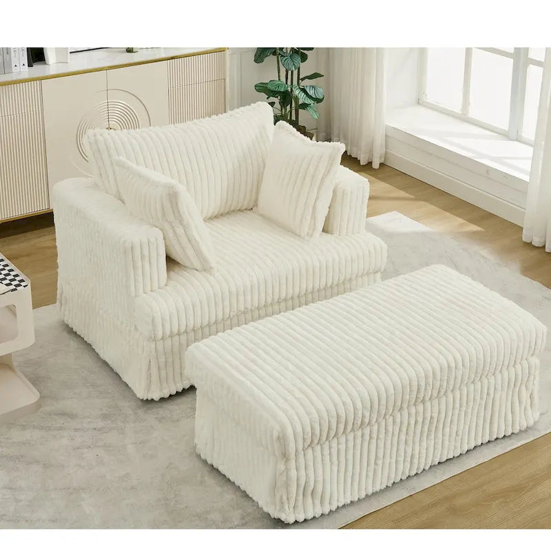 Chaise longue surdimensionnée en velours côtelé beige avec pouf