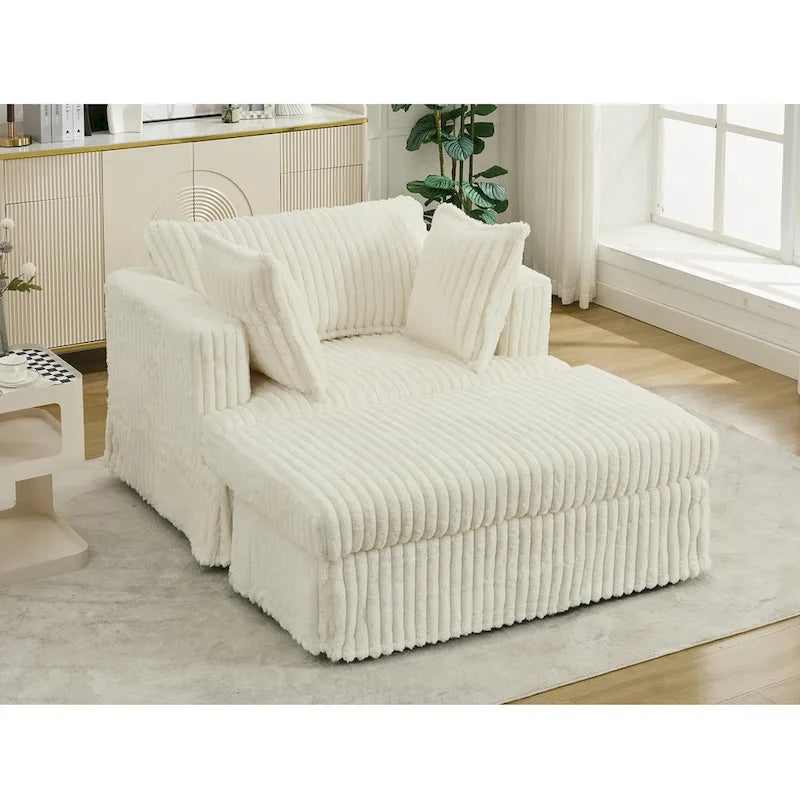 Chaise longue surdimensionnée en velours côtelé beige avec pouf