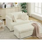 Chaise longue surdimensionnée en velours côtelé beige avec pouf