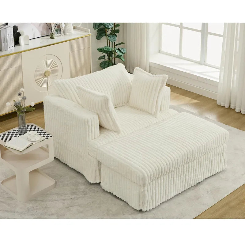 Chaise longue surdimensionnée en velours côtelé beige avec pouf