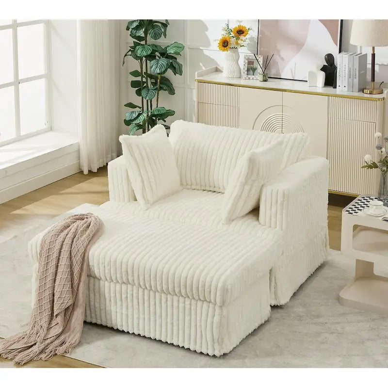 Chaise longue surdimensionnée en velours côtelé beige avec pouf