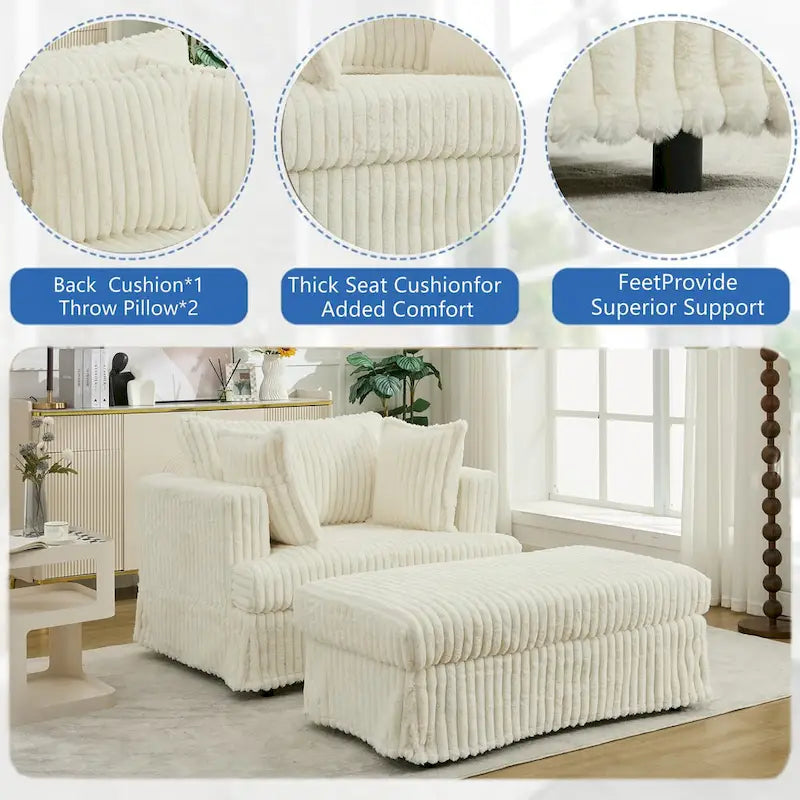Chaise longue surdimensionnée en velours côtelé beige avec pouf