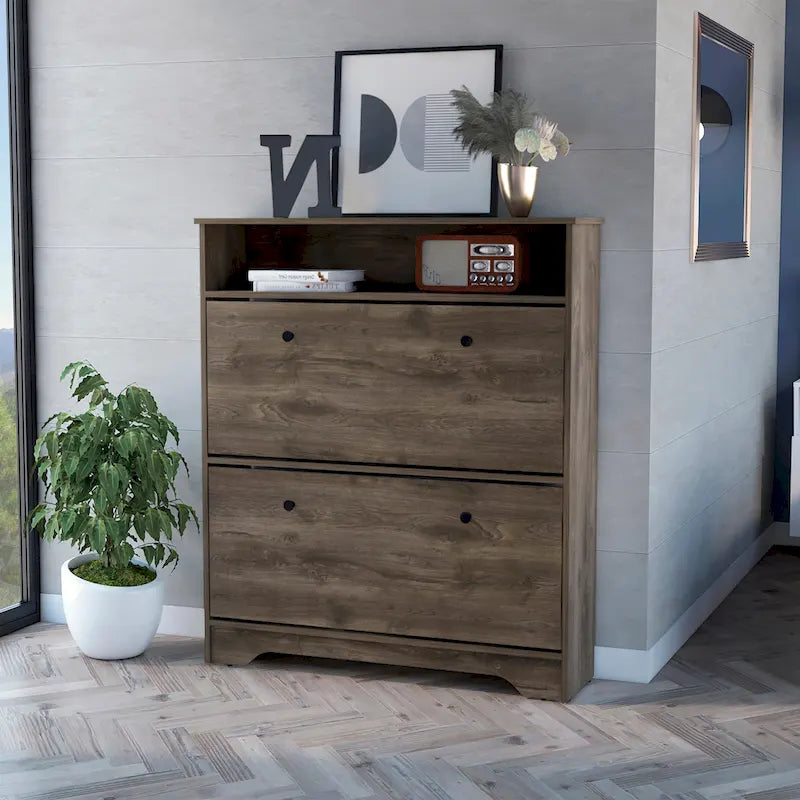 Meuble à chaussures 2 niveaux avec portes – Brun foncé