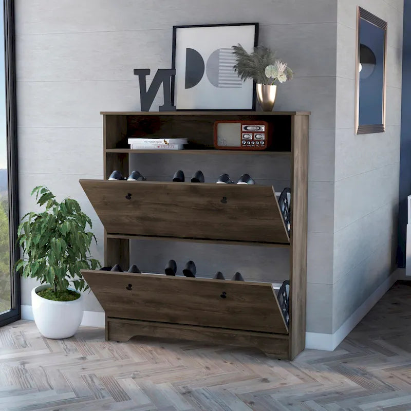 Meuble à chaussures 2 niveaux avec portes – Brun foncé