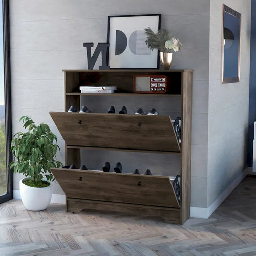 Meuble à chaussures 2 niveaux avec portes – Brun foncé