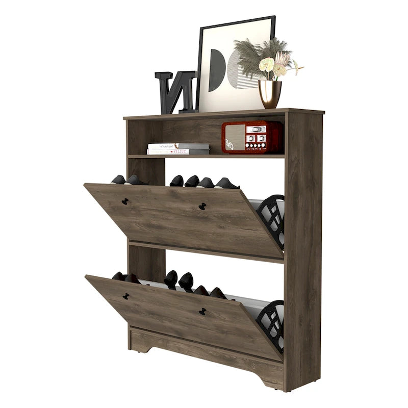 Meuble à chaussures 2 niveaux avec portes – Brun foncé