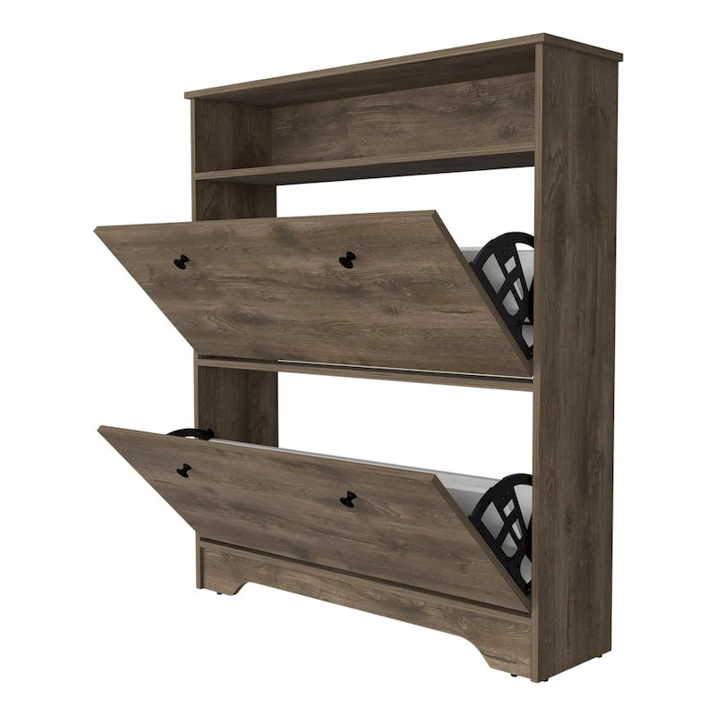 Meuble à chaussures 2 niveaux avec portes – Brun foncé