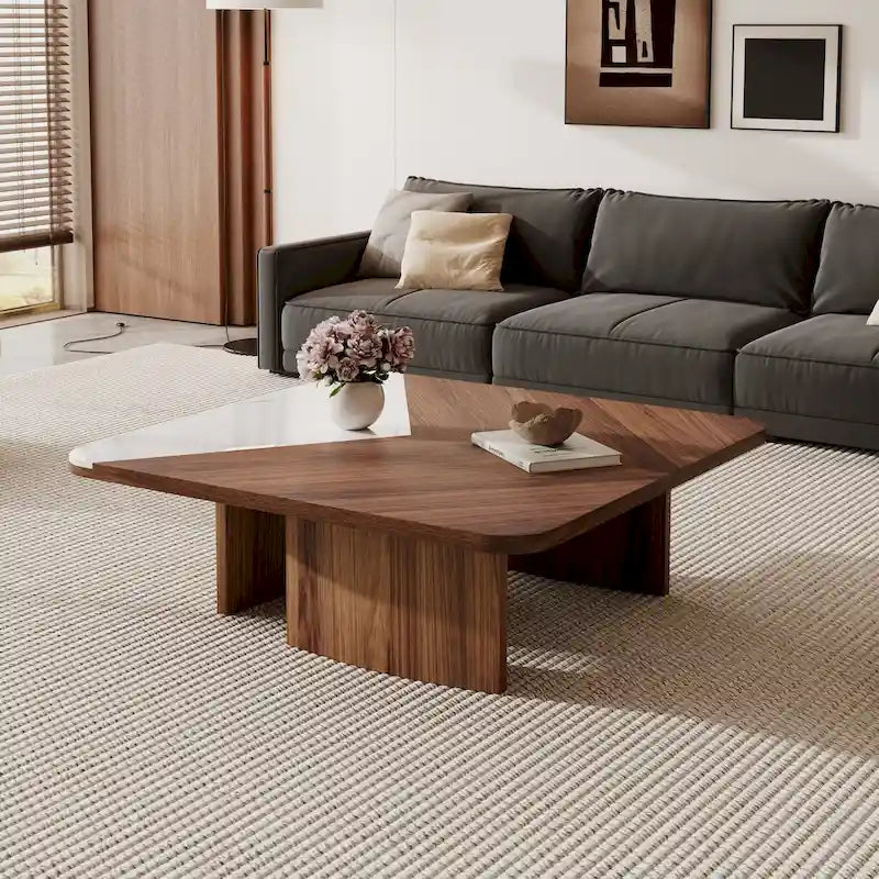 Table basse carrée avec placage en bois et plateau en pierre frittée