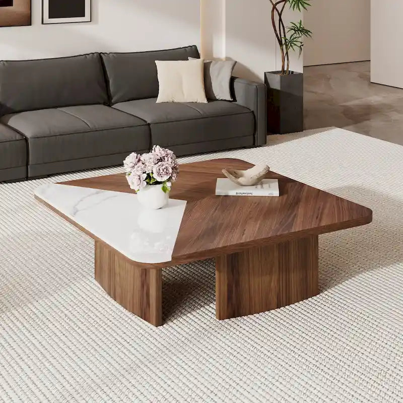 Table basse carrée avec placage en bois et plateau en pierre frittée