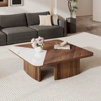 Table basse carrée avec placage en bois et plateau en pierre frittée