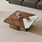 Table basse carrée avec placage en bois et plateau en pierre frittée