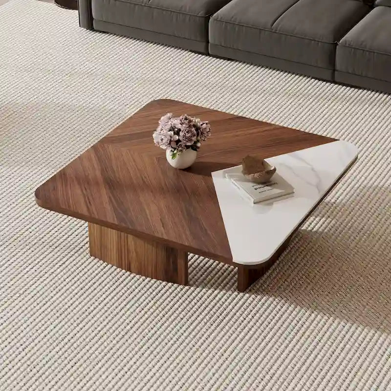 Table basse carrée avec placage en bois et plateau en pierre frittée