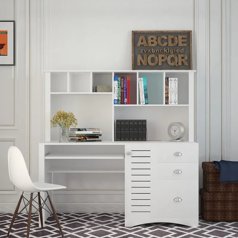 Bureau informatique avec huche, étagères ouvertes, tiroirs et armoire dissimulée