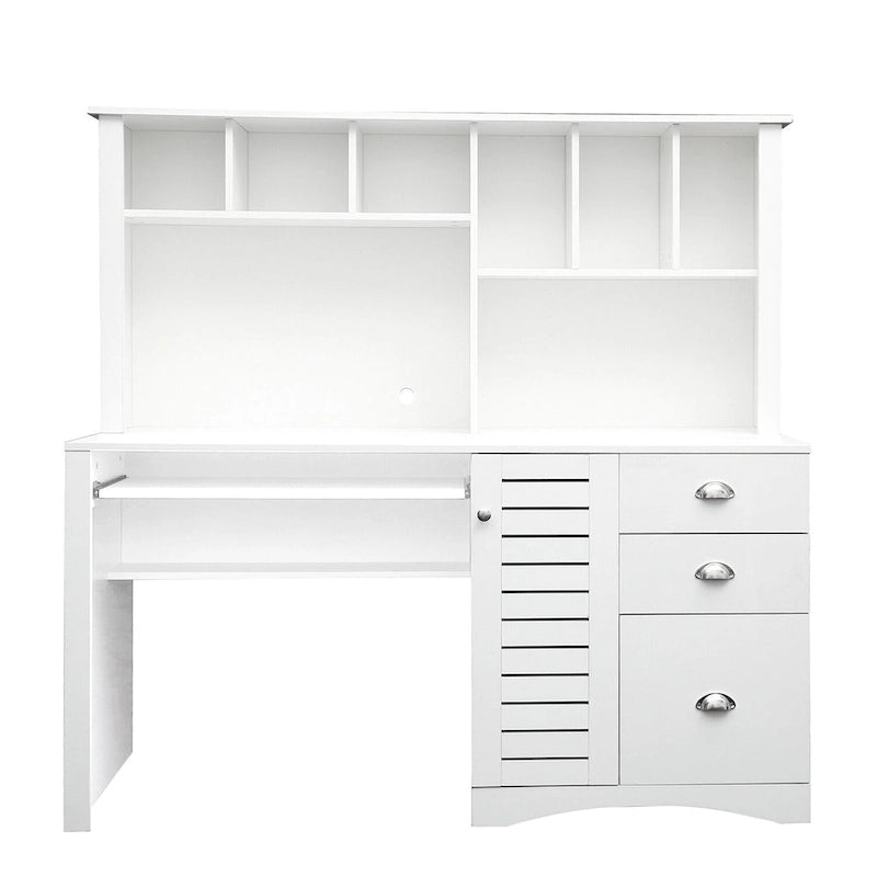 Bureau informatique avec huche, étagères ouvertes, tiroirs et armoire dissimulée
