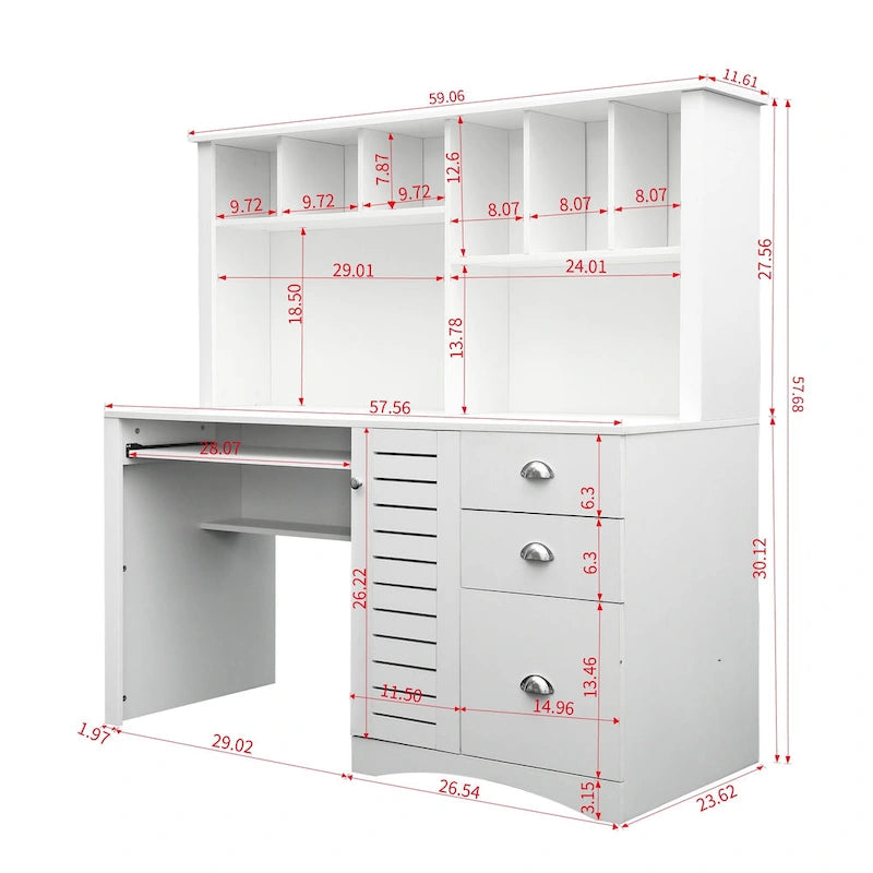Bureau informatique avec huche, étagères ouvertes, tiroirs et armoire dissimulée