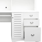 Bureau informatique avec huche, étagères ouvertes, tiroirs et armoire dissimulée