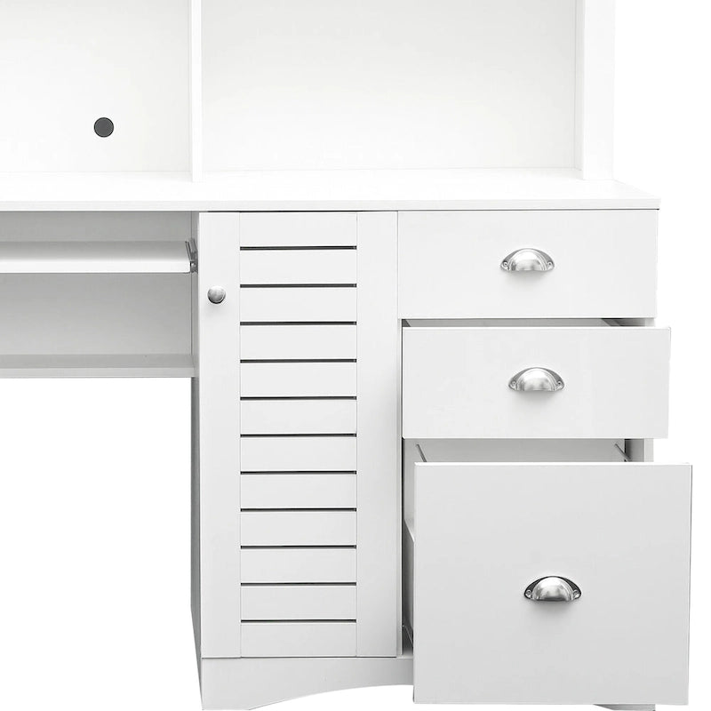 Bureau informatique avec huche, étagères ouvertes, tiroirs et armoire dissimulée