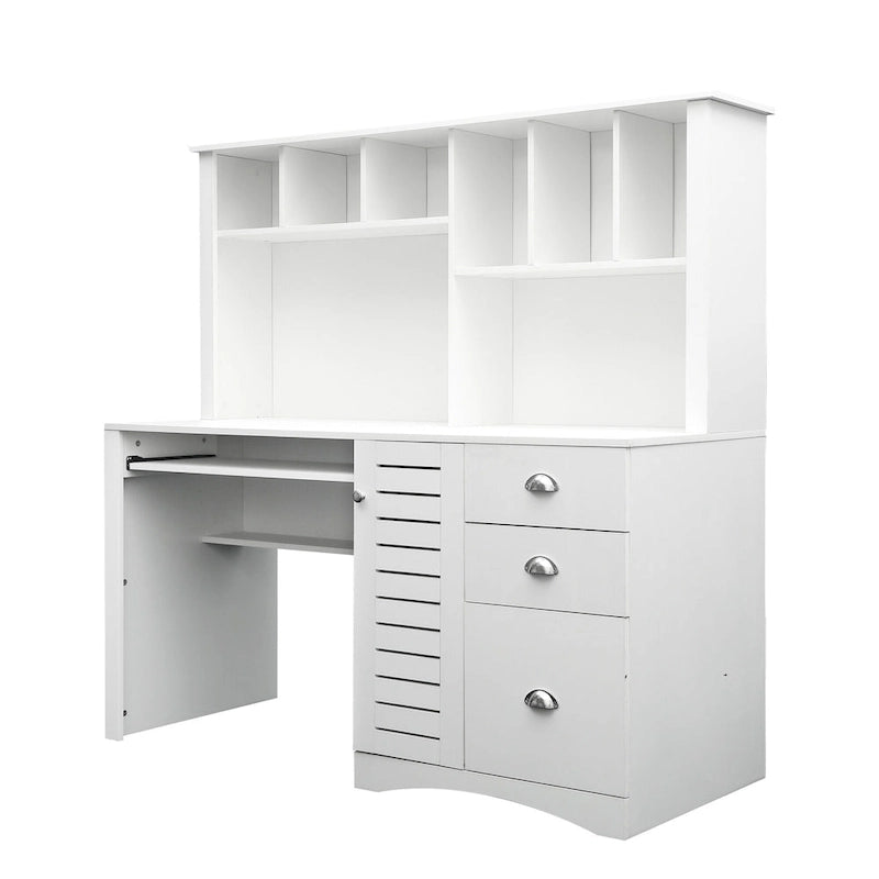 Bureau informatique avec huche, étagères ouvertes, tiroirs et armoire dissimulée