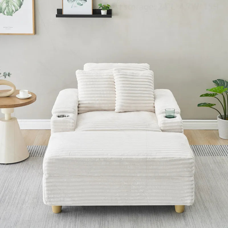 Fauteuil simple avec accoudoirs de rangement et pouf, 145 cm