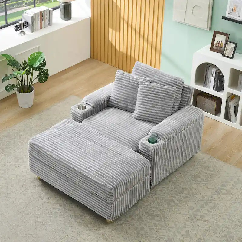 Fauteuil simple avec accoudoirs de rangement et pouf, 145 cm
