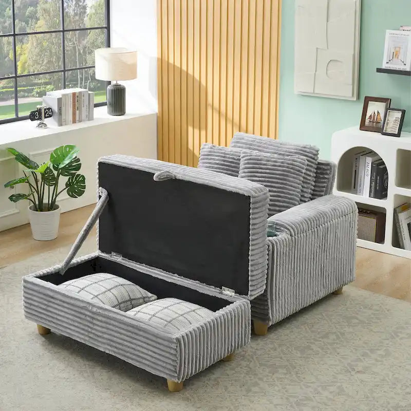 Fauteuil simple avec accoudoirs de rangement et pouf, 145 cm