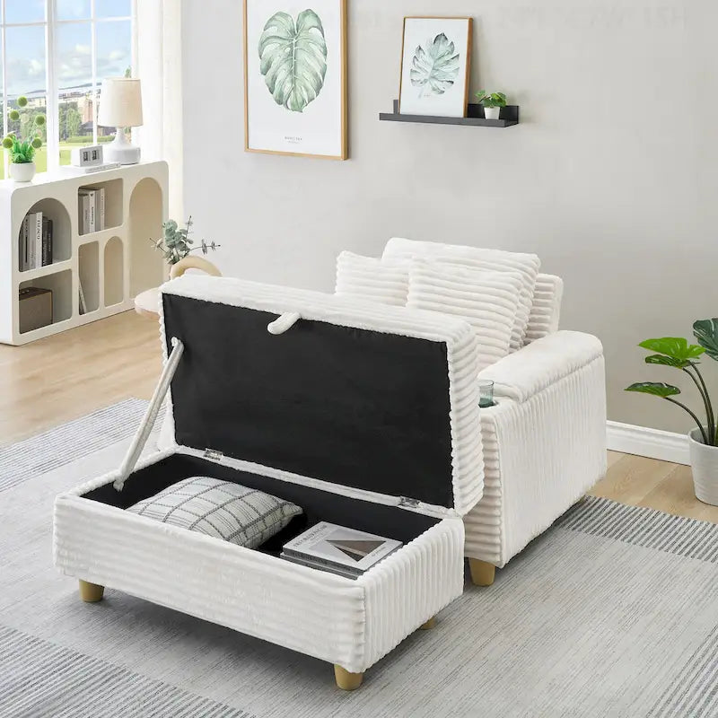 Fauteuil simple avec accoudoirs de rangement et pouf, 145 cm