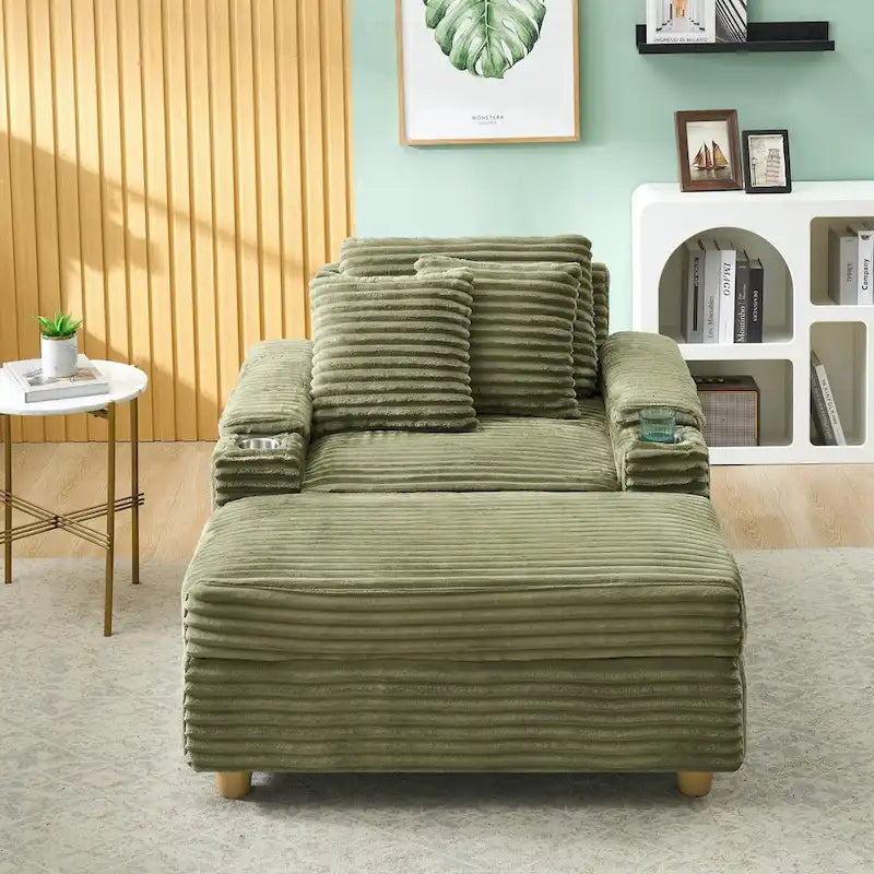 Fauteuil simple avec accoudoirs de rangement et pouf, 145 cm