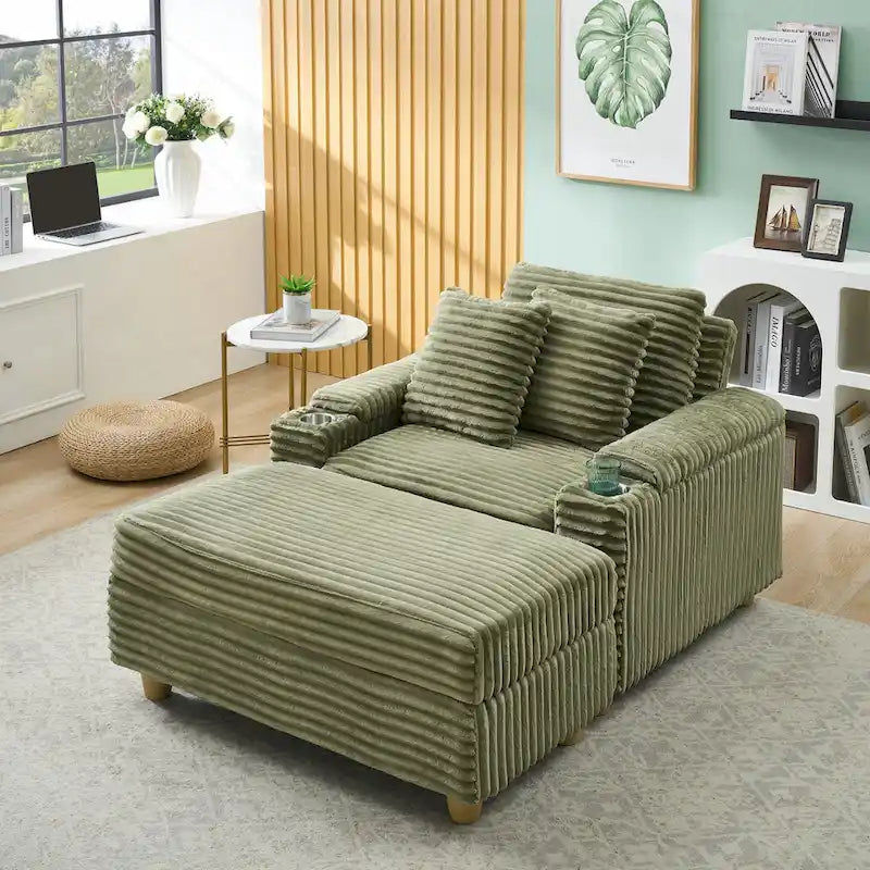 Fauteuil simple avec accoudoirs de rangement et pouf, 145 cm