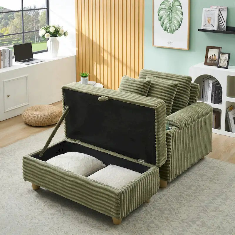 Fauteuil simple avec accoudoirs de rangement et pouf, 145 cm