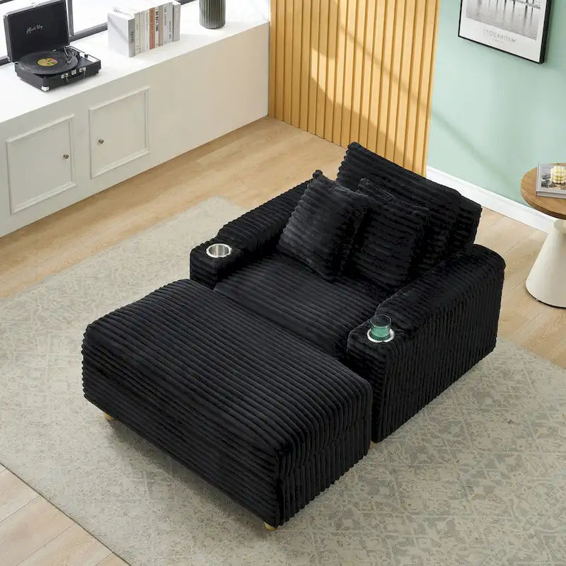 Fauteuil simple avec accoudoirs de rangement et pouf, 145 cm