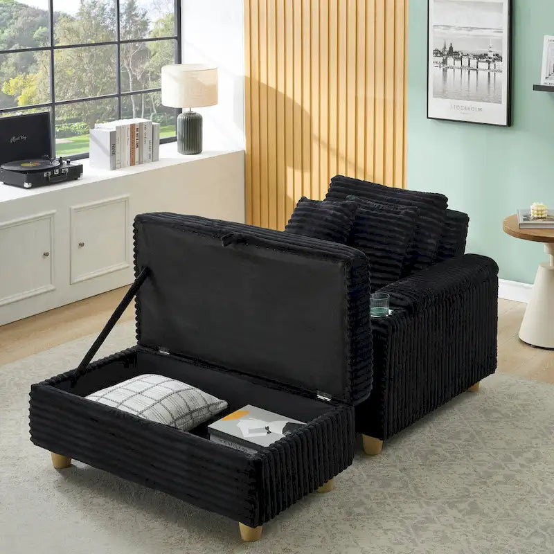 Fauteuil simple avec accoudoirs de rangement et pouf, 145 cm