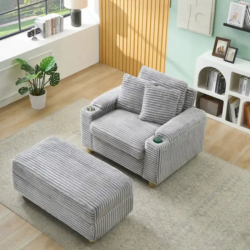 Fauteuil simple avec accoudoirs de rangement et pouf, 145 cm