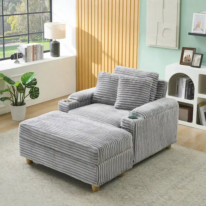 Fauteuil simple avec accoudoirs de rangement et pouf, 145 cm