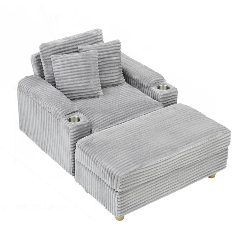 Fauteuil simple avec accoudoirs de rangement et pouf, 145 cm