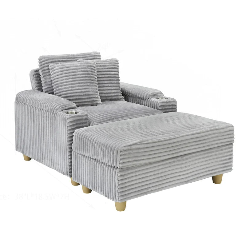 Fauteuil simple avec accoudoirs de rangement et pouf, 145 cm