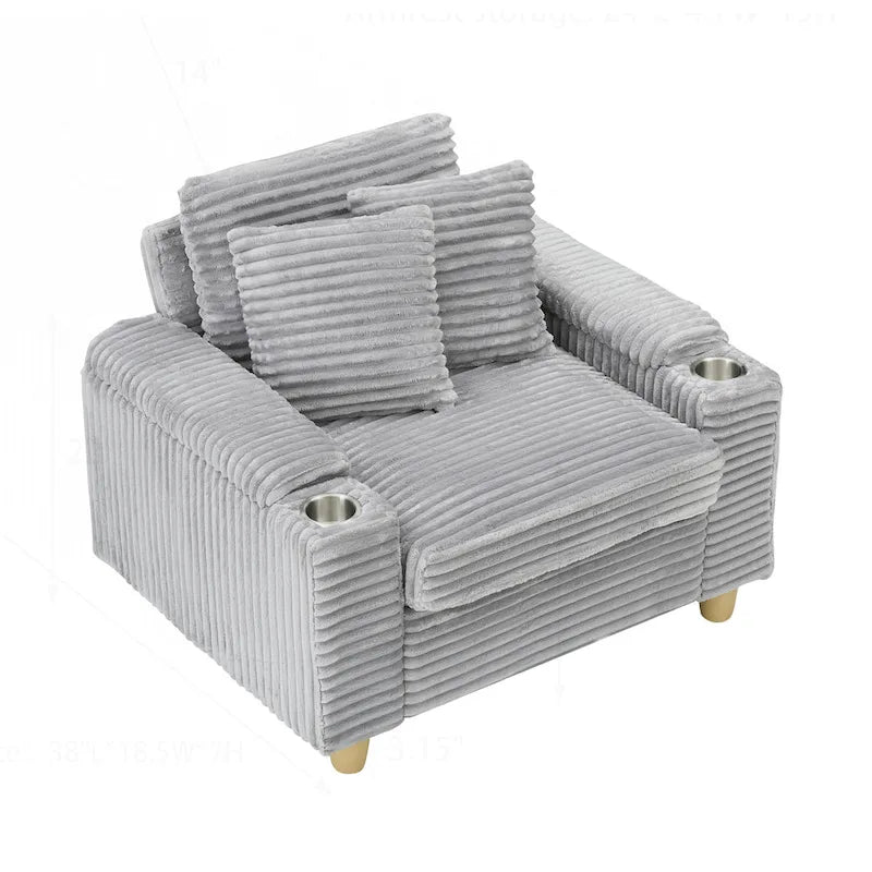 Fauteuil simple avec accoudoirs de rangement et pouf, 145 cm