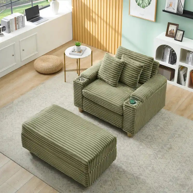 Fauteuil simple avec accoudoirs de rangement et pouf, 145 cm