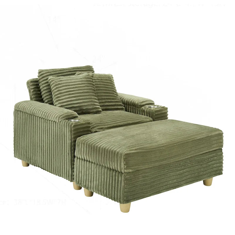 Fauteuil simple avec accoudoirs de rangement et pouf, 145 cm