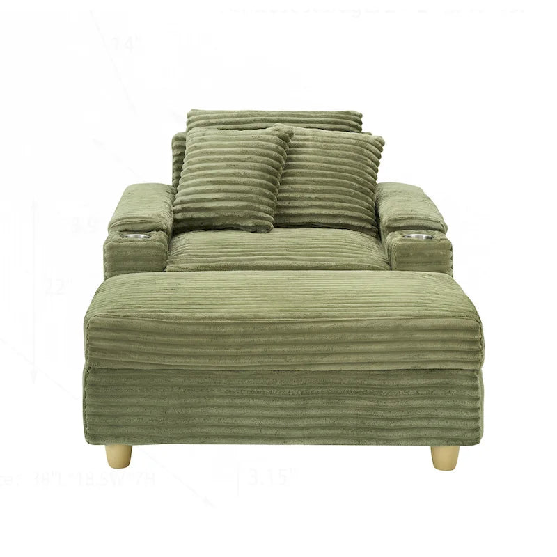 Fauteuil simple avec accoudoirs de rangement et pouf, 145 cm