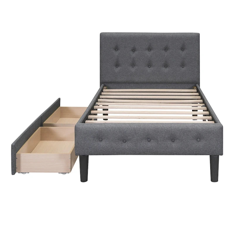 Lit plateforme rembourré double avec 2 tiroirs de rangement et tête de lit capitonnée